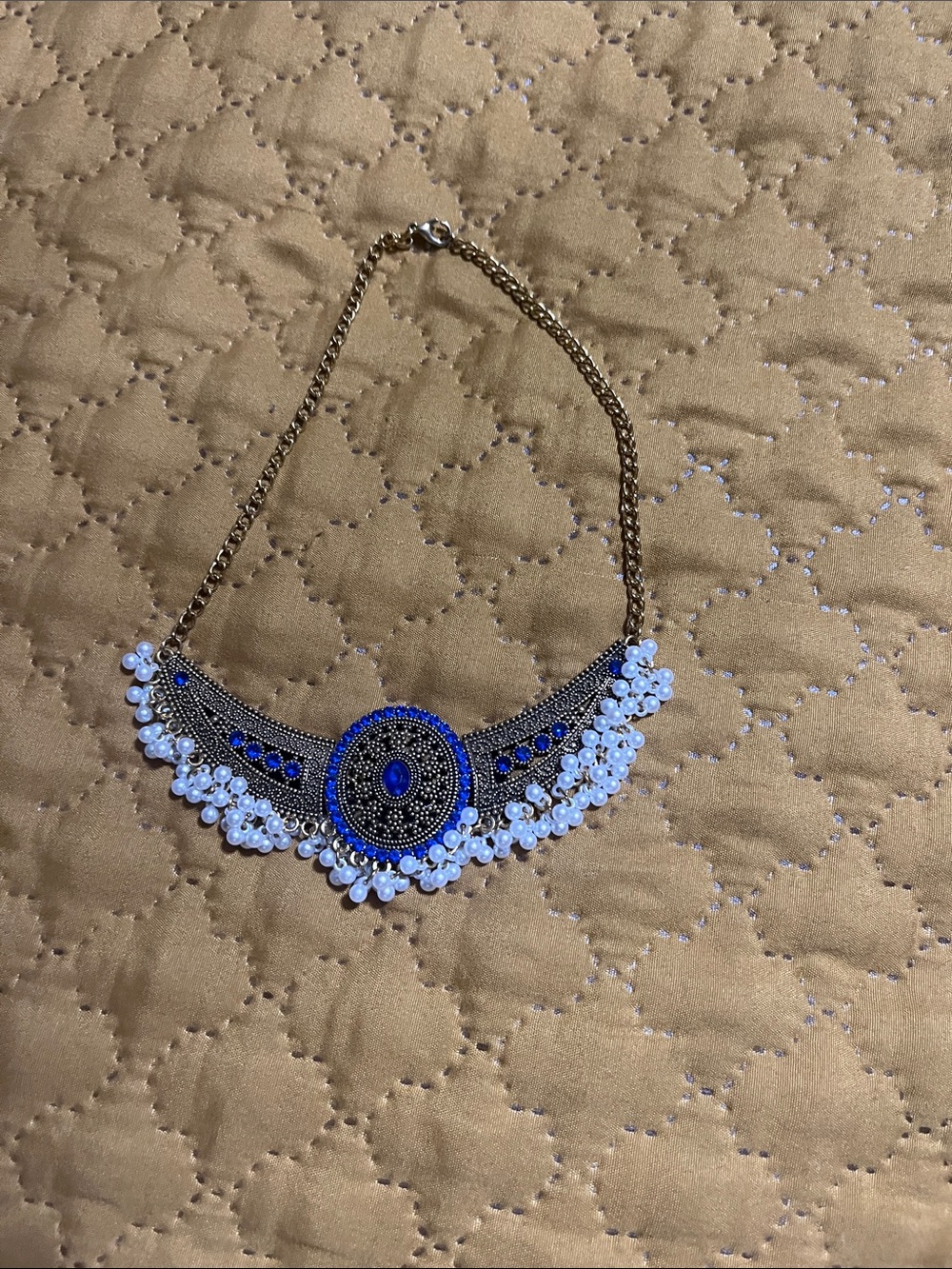 Royal Blue Beaded Statement Necklace with White Accents